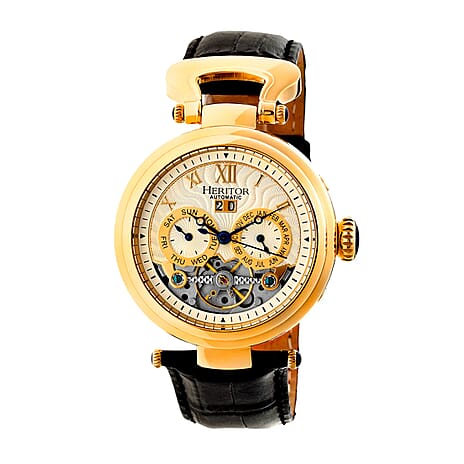 HERITOR Ganzi Automatic Movt. 5ATM Water Resistance Gold Dial Mens Watch with Black Leather Strap