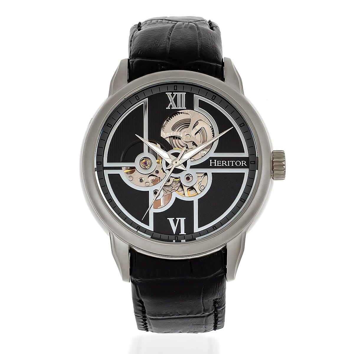 Mens Sanford Heritor Automatic  Watch with a Black Dial and a Black coloured Leather band, featuring a  Silver coloured Stainless Steel case with 5 ATM water resistance