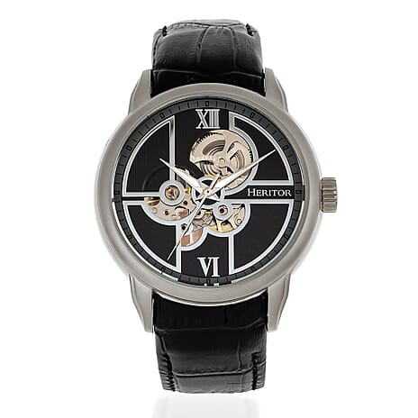 Mens Sanford Heritor Automatic  Watch with a Black Dial and a Black coloured Leather band, featuring a  Silver coloured Stainless Steel case with 5 ATM water resistance