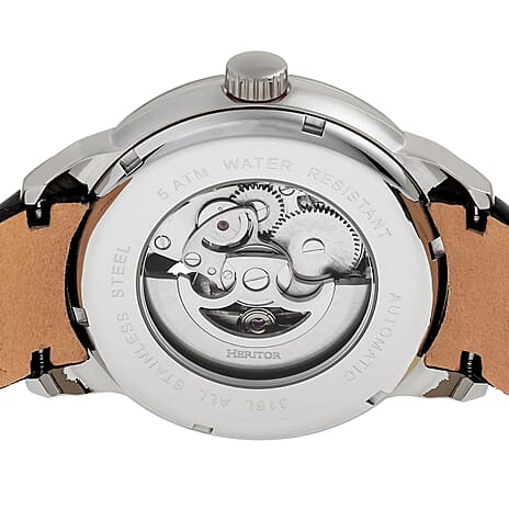 Mens Sanford Heritor Automatic  Watch with a Black Dial and a Black coloured Leather band, featuring a  Silver coloured Stainless Steel case with 5 ATM water resistance