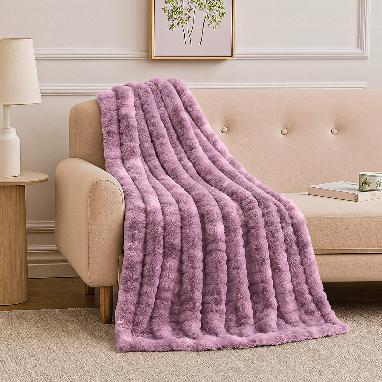 THE MOST SUMPTUOUS BLANKET AT TJC - LIVMORE Faux Rabbit Fur Blanket 650 GSM (Size 200x150 cm) - Mauve & White