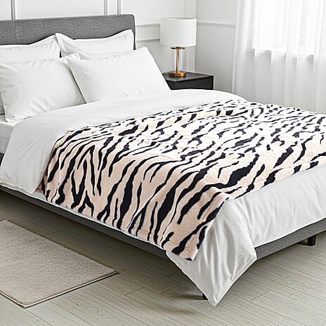 LIVMORE Zebra Print Faux Fur Cosy Blanket (200x150 cm) - Off-White & Black, 560 GSM
