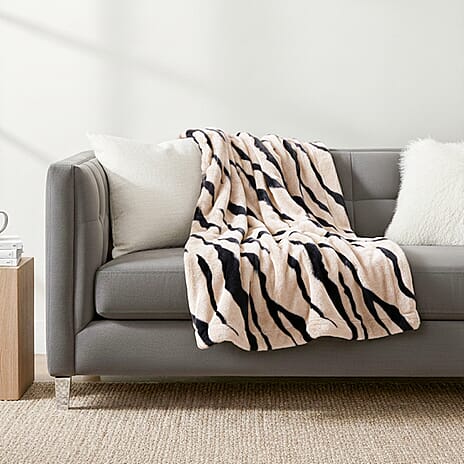 LIVMORE Zebra Print Faux Fur Cosy Blanket (200x150 cm) - Off-White & Black, 560 GSM