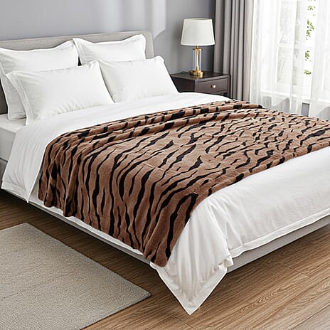 LIVMORE Zebra Print Faux Fur Cosy Blanket (200x150 cm) - Brown & Black, 560 GSM