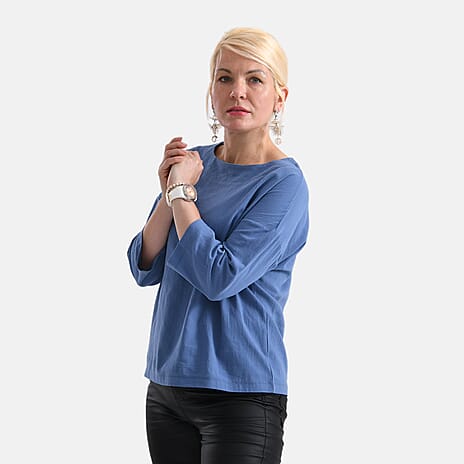 -Maisi Round Neck Pure Cotton Top (Size M) - Blue