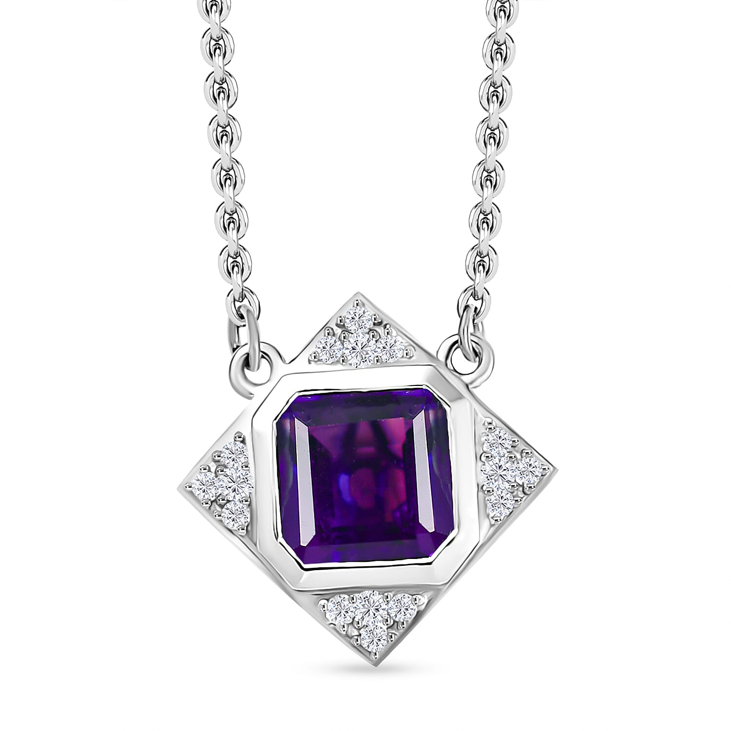 D'joy AAA African Amethyst & White Zircon Necklace (Size - 20) with Lobaster Clasp in Rhodium Overlay Sterling Silver 2.70 Ct.