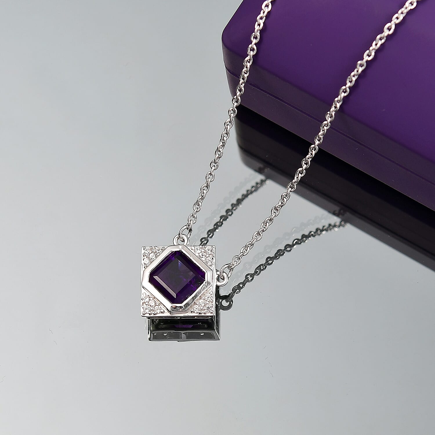 D'joy AAA African Amethyst & White Zircon Necklace (Size - 20) with Lobaster Clasp in Rhodium Overlay Sterling Silver 2.70 Ct.