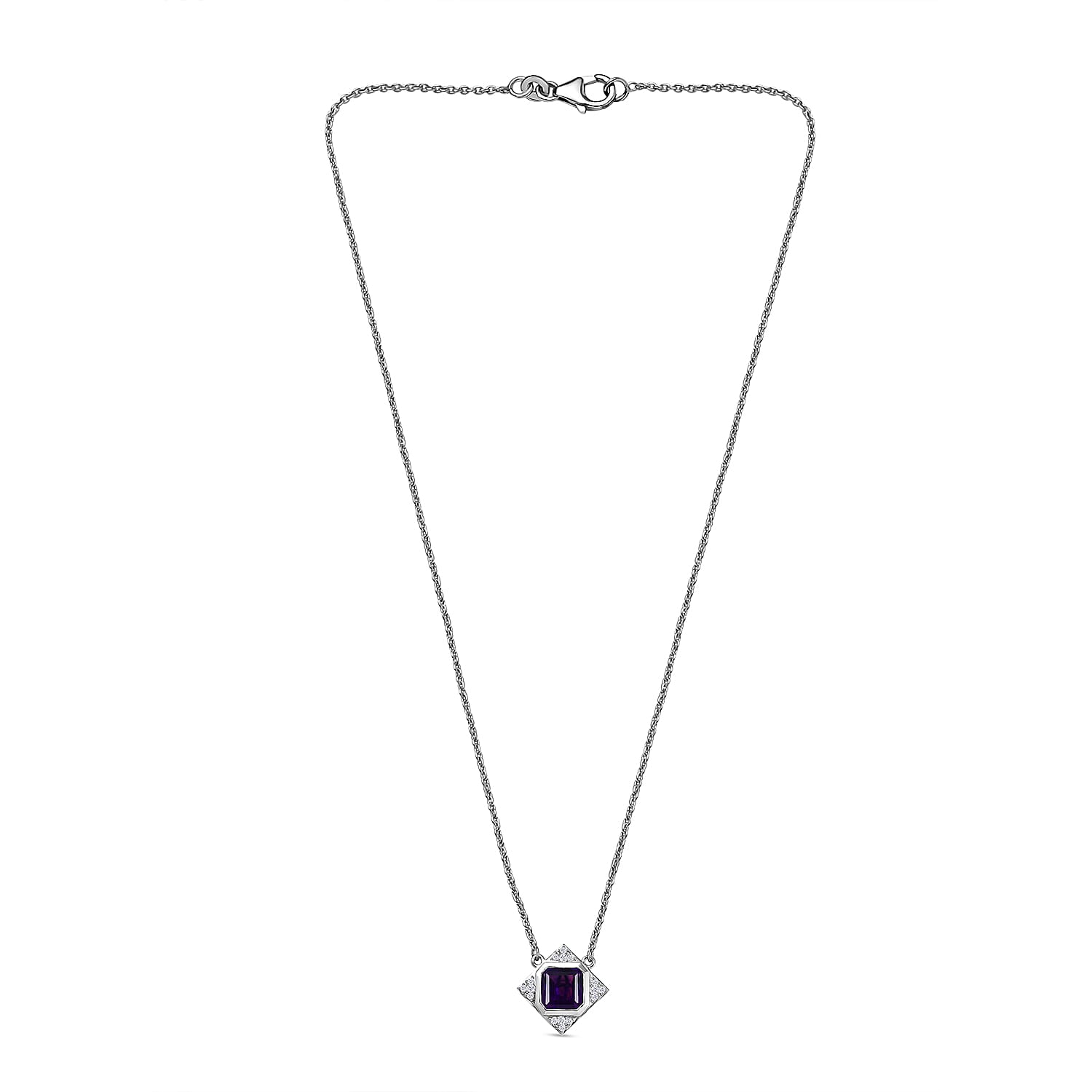 D'joy AAA African Amethyst & White Zircon Necklace (Size - 20) with Lobaster Clasp in Rhodium Overlay Sterling Silver 2.70 Ct.