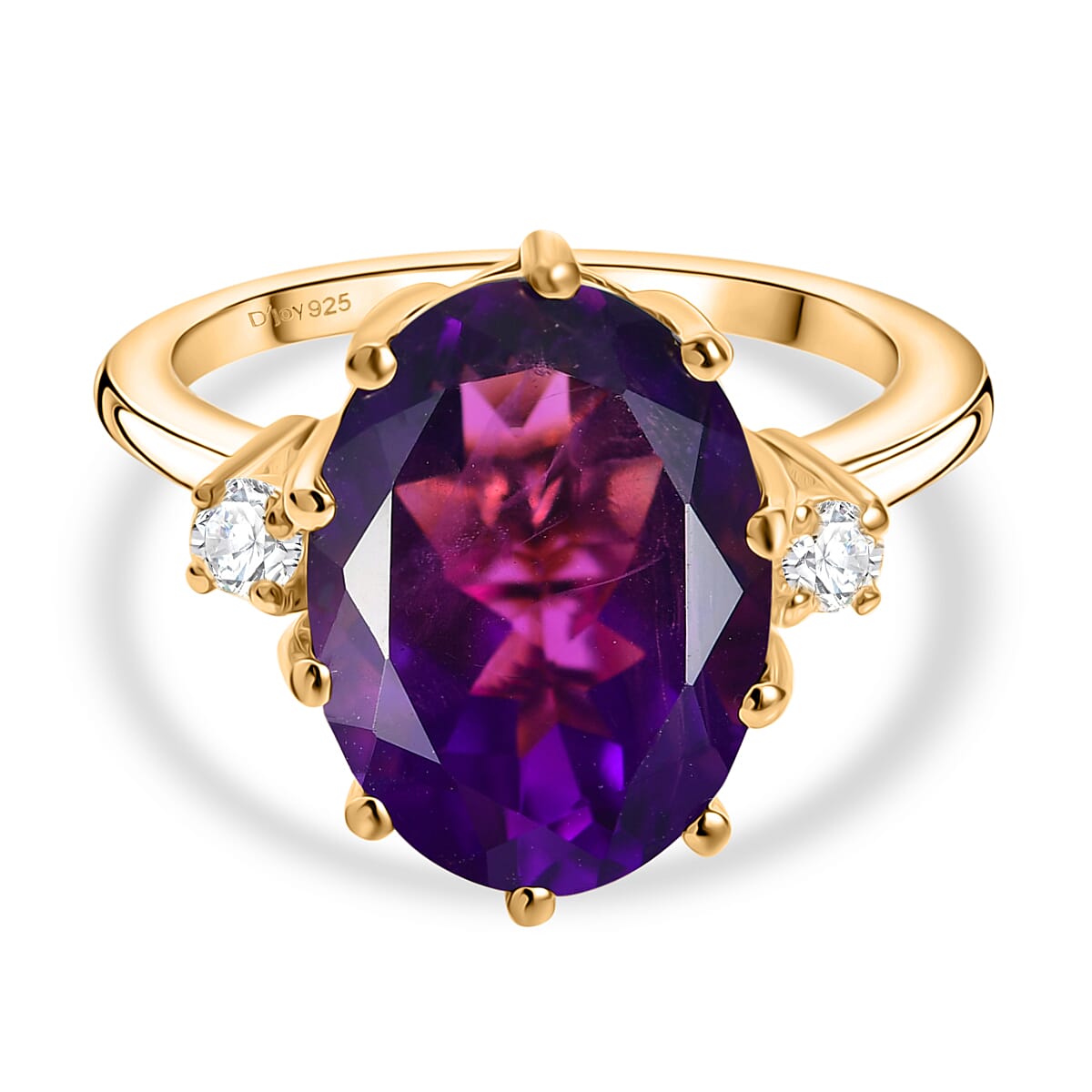 D'joy AAA African Amethyst & Moissanite Solitaire Ring in 14K Yellow Gold Plated Sterling Silver 6.13 Ct.