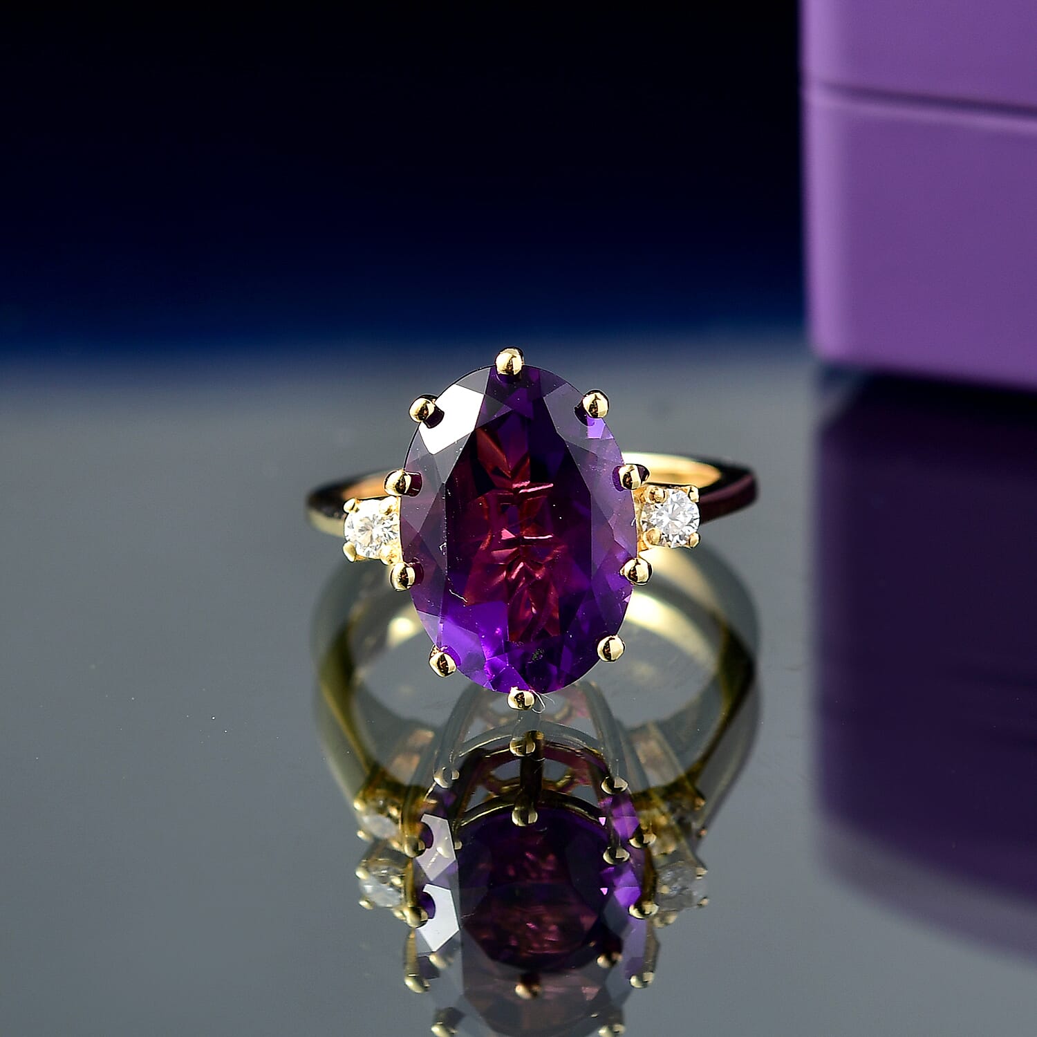 D'joy AAA African Amethyst & Moissanite Solitaire Ring in 14K Yellow Gold Plated Sterling Silver 6.13 Ct.