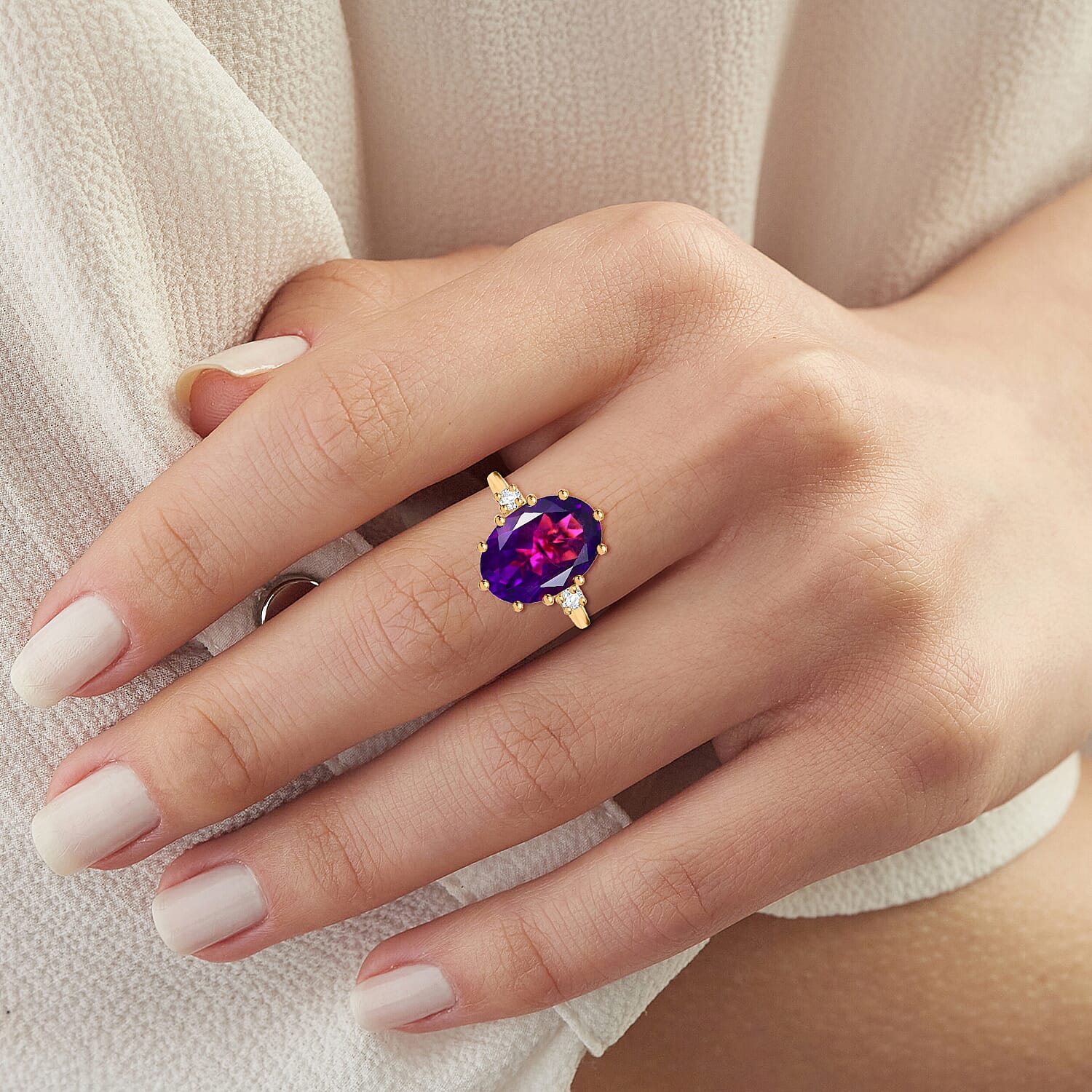 D'joy AAA African Amethyst & Moissanite Solitaire Ring in 14K Yellow Gold Plated Sterling Silver 6.13 Ct.