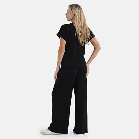- Maisi Two Piece Co-ord Set - Short Sleeve Top - Wide Leg Trouser (Size S) - Black