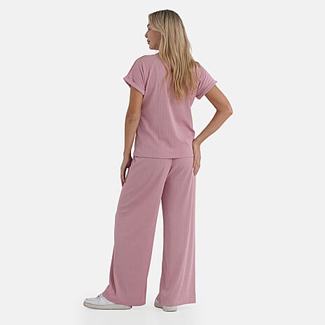 - Maisi Two Piece Co-ord Set - Short Sleeve Top - Wide Leg Trouser (Size S) - Pink