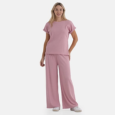 - Maisi Two Piece Co-ord Set - Short Sleeve Top - Wide Leg Trouser (Size M) - Pink
