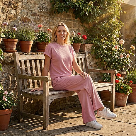 - Maisi Two Piece Co-ord Set - Short Sleeve Top - Wide Leg Trouser (Size M) - Pink
