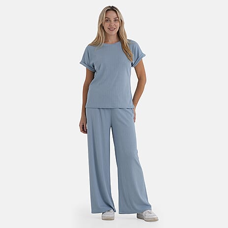 - Maisi Two Piece Co-ord Set - Short Sleeve Top - Wide Leg Trouser (Size L) - Sky Blue