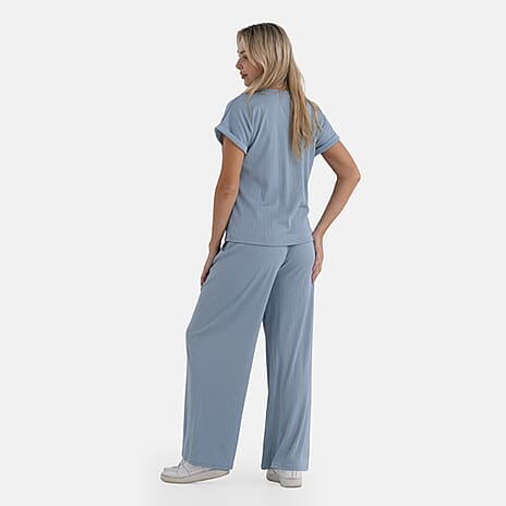 - Maisi Two Piece Co-ord Set - Short Sleeve Top - Wide Leg Trouser (Size XL) - Sky Blue