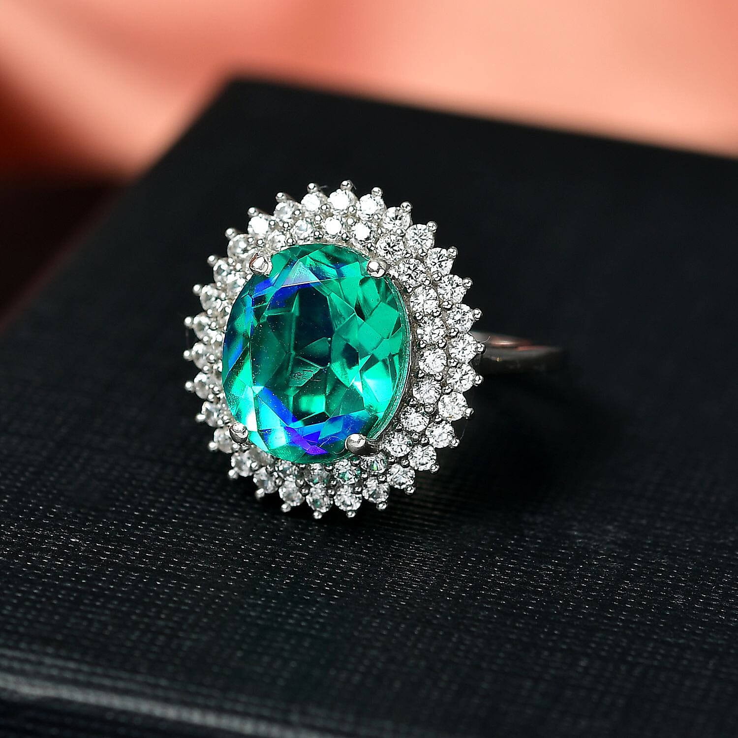 D'joy Peacock Triplet Quartz & White Zircon Ring in Rhodium Overlay Sterling Silver 6.51 Ct.