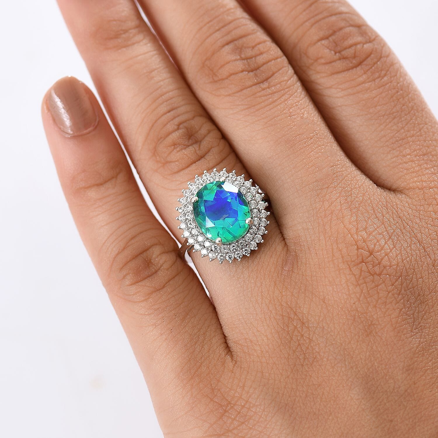 D'joy Peacock Triplet Quartz & White Zircon Ring in Rhodium Overlay Sterling Silver 6.51 Ct.