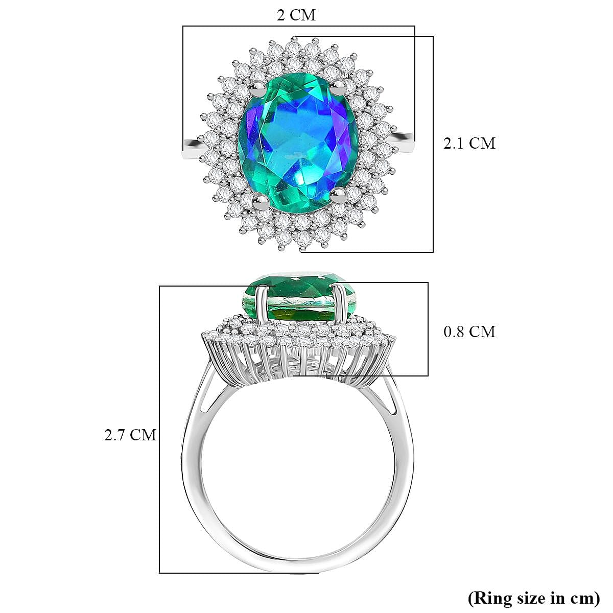 D'joy Peacock Triplet Quartz & White Zircon Ring in Rhodium Overlay Sterling Silver 6.51 Ct.