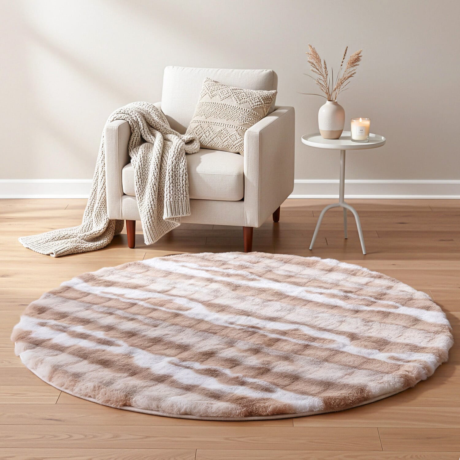 LIVMORE Luxury Collection - Faux Fur Bubble Pattern Round Rug with Foam Base (120cm Diameter) - Cream & White