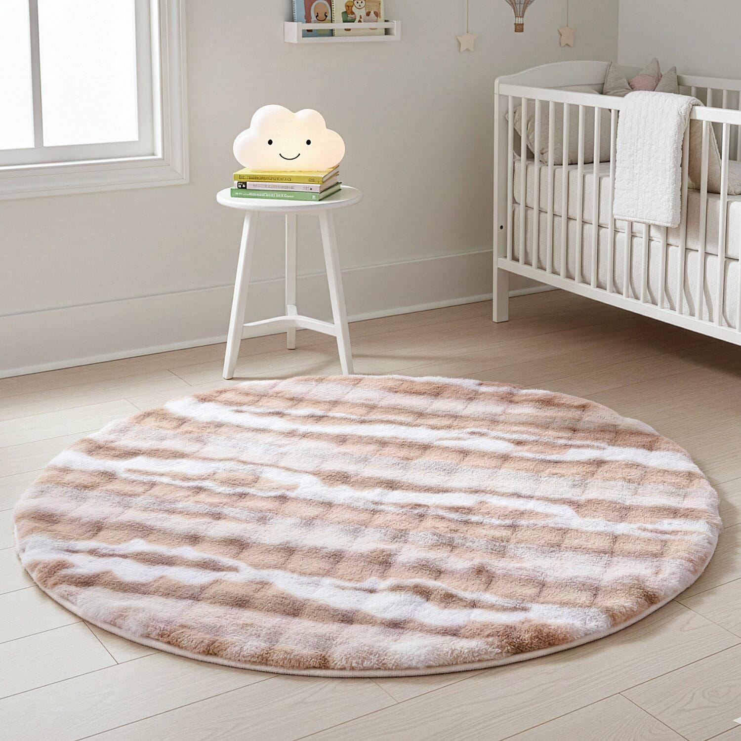 LIVMORE Luxury Collection - Faux Fur Bubble Pattern Round Rug with Foam Base (120cm Diameter) - Cream & White