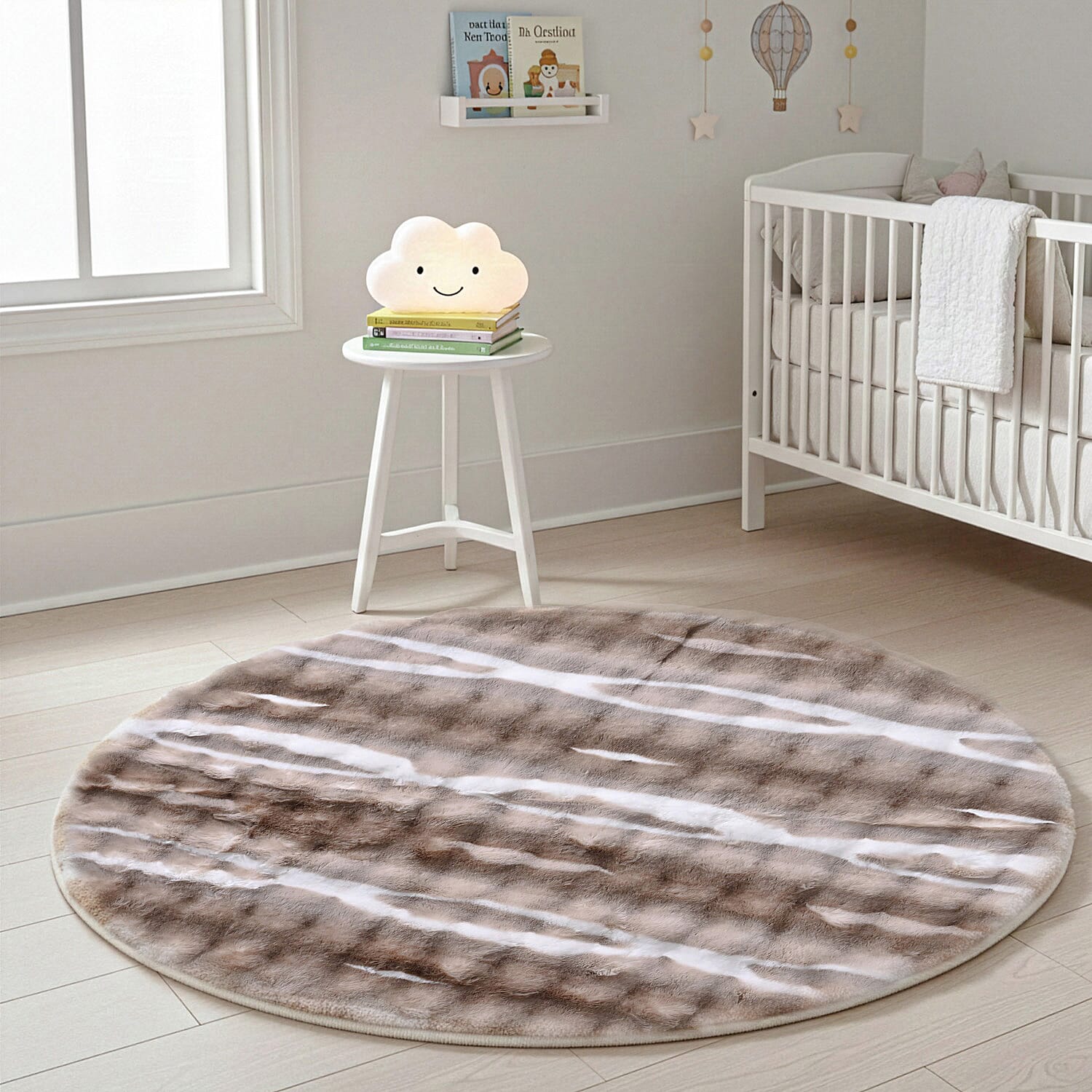 LIVMORE Luxury Collection - Faux Fur Bubble Pattern Round Rug with Foam Base (120cm Diameter) - Brown & White