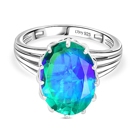 D'joy Peacock Triplet Quartz Solitaire Ring in Rhodium Overlay Sterling Silver 6.55 Ct.