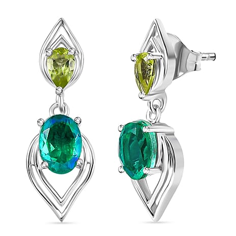 D'joy Peacock Triplet Quartz & Peridot Dangling Earring with Push Back in Rhodium Overlay Sterling Silver 2.08 Ct.