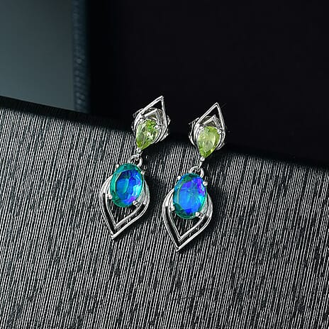 D'joy Peacock Triplet Quartz & Peridot Dangling Earring with Push Back in Rhodium Overlay Sterling Silver 2.08 Ct.