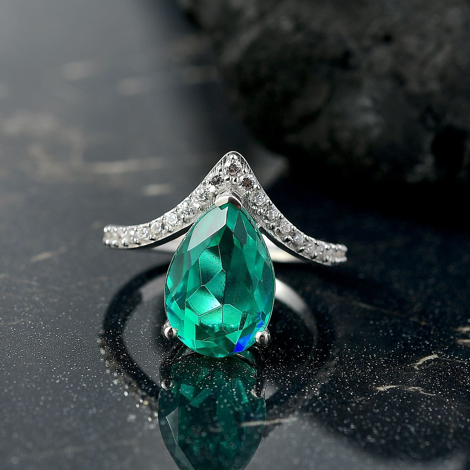 D'joy Peacock Triplet Quartz & White Zircon Ring in Rhodium Overlay Sterling Silver 4.88 Ct.