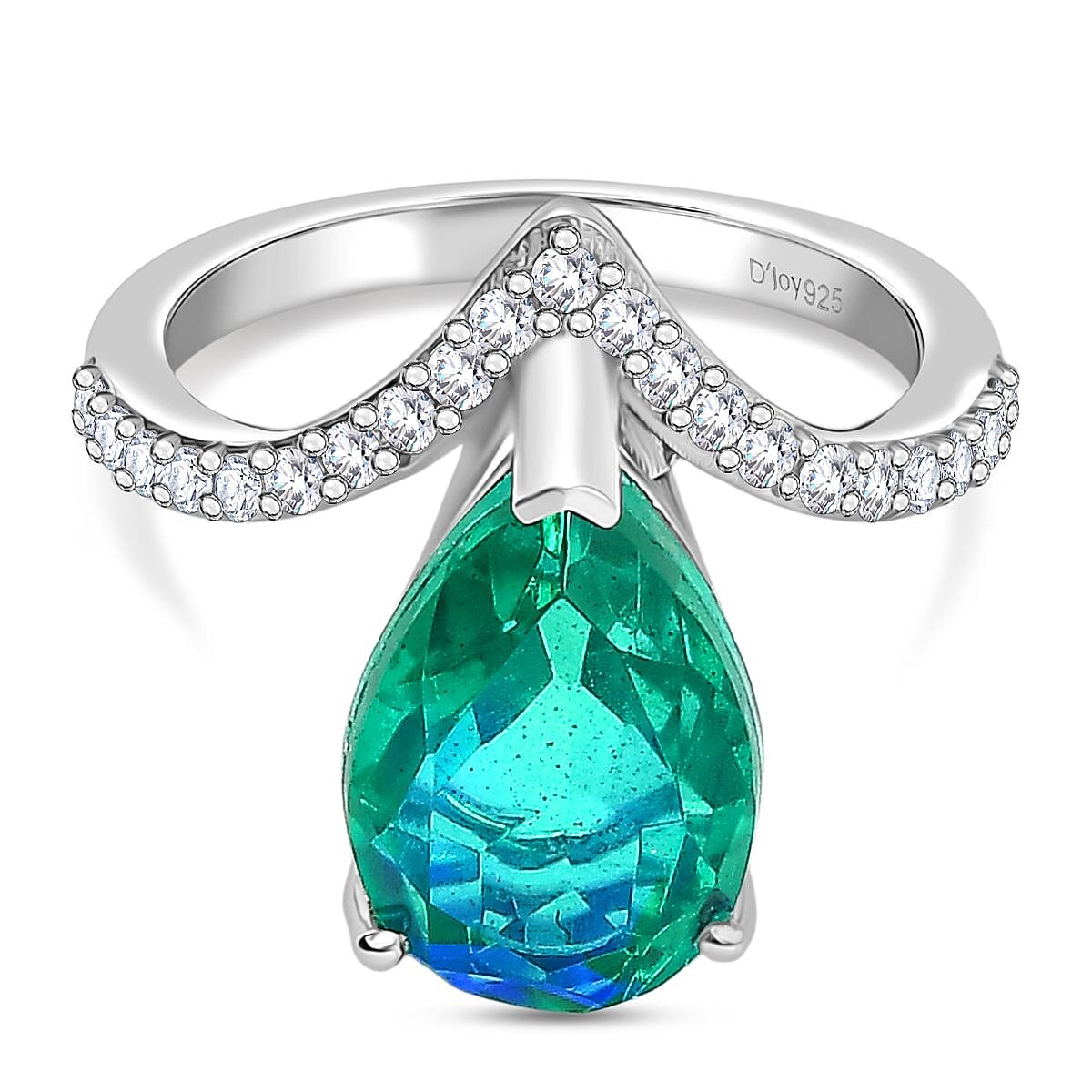 D'joy Peacock Triplet Quartz, White Zircon Wishbone Drop Ring in Rhodium Overlay Sterling Silver 4.88 Ct.