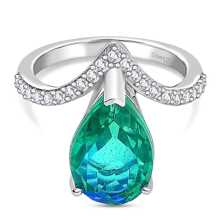D'joy Peacock Triplet Quartz, White Zircon Wishbone Drop Ring in Rhodium Overlay Sterling Silver 4.88 Ct.