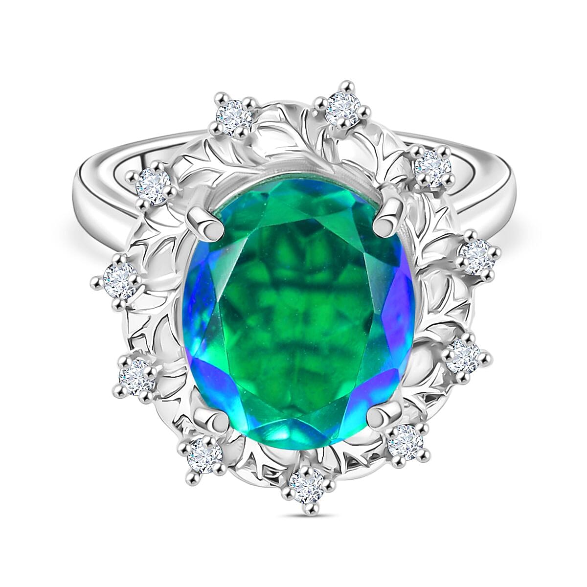 D'joy Peacock Triplet Quartz & White Zircon Ring in Rhodium Overlay Sterling Silver 5.55 Ct.