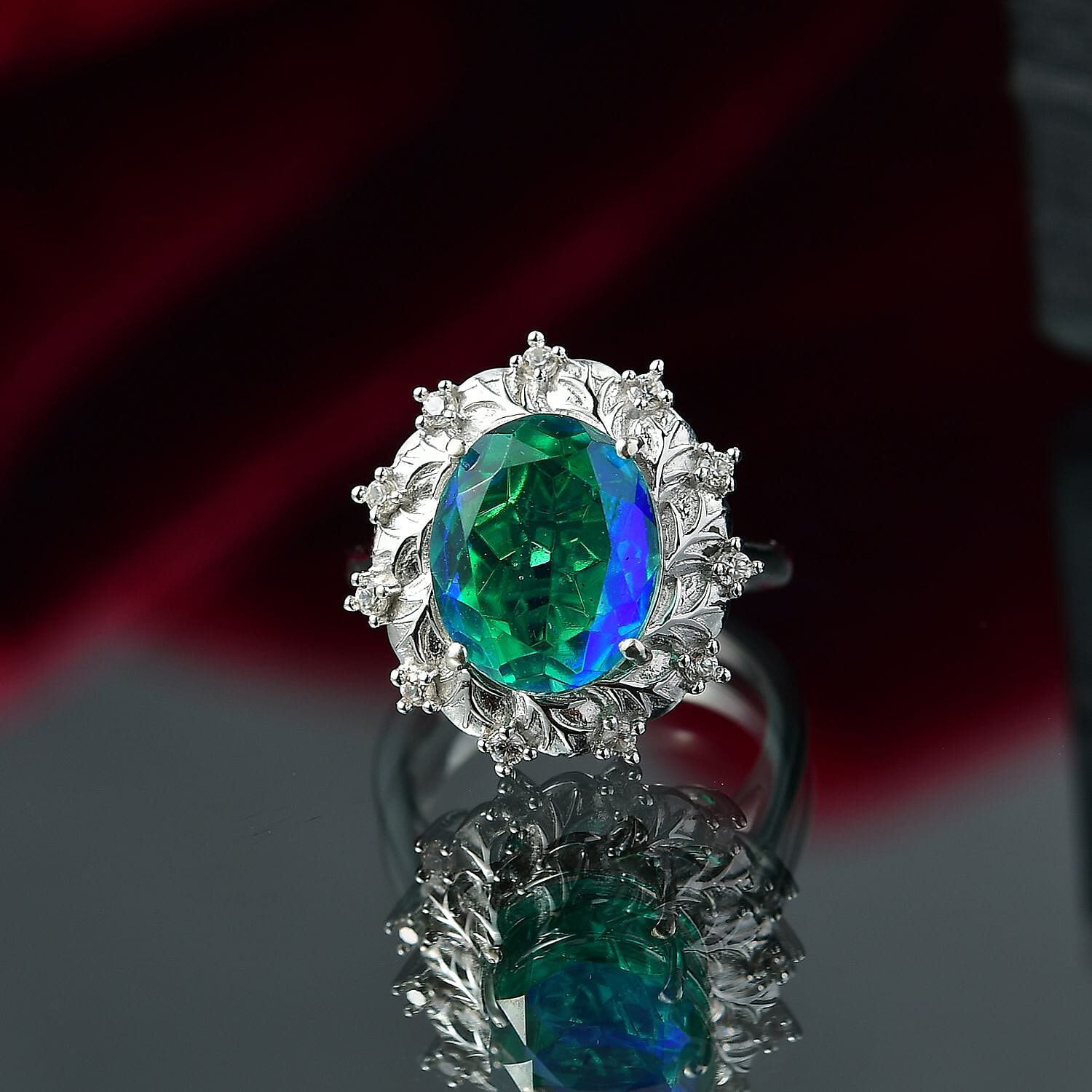 D'joy Peacock Triplet Quartz & White Zircon Ring in Rhodium Overlay Sterling Silver 5.55 Ct.
