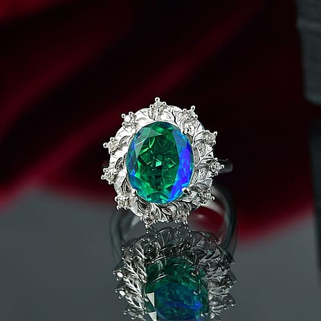 D'joy Peacock Triplet Quartz & White Zircon Ring in Rhodium Overlay Sterling Silver 5.55 Ct.