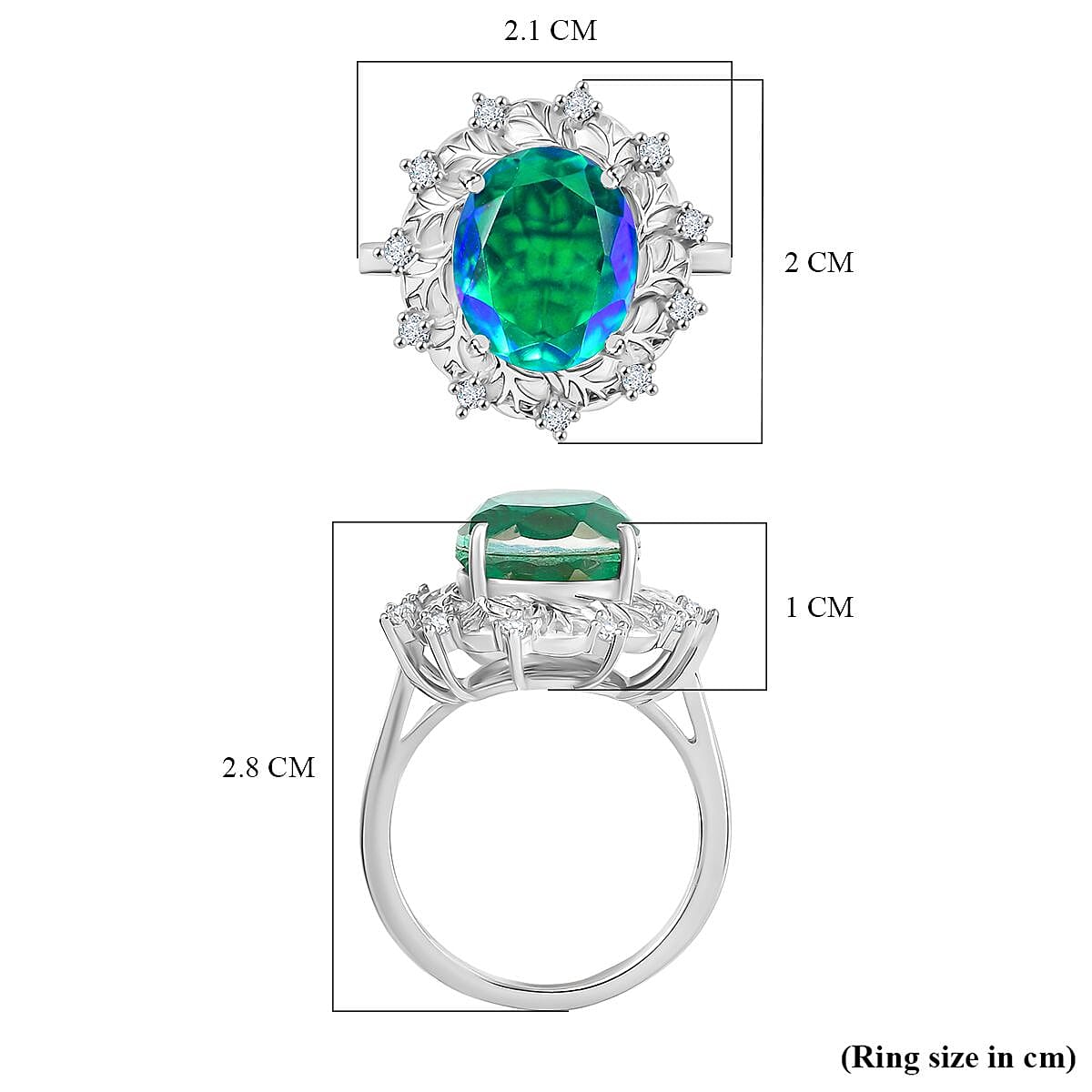 D'joy Peacock Triplet Quartz & White Zircon Ring in Rhodium Overlay Sterling Silver 5.55 Ct.