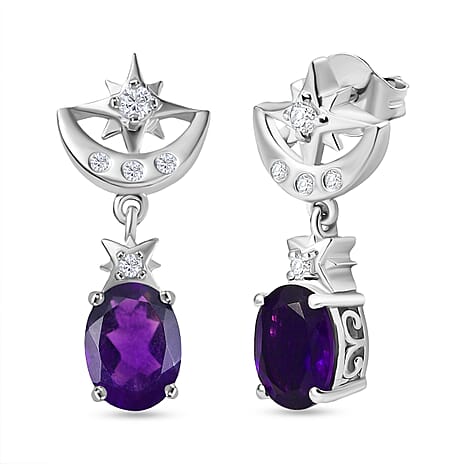 Djoy AAA African Amethyst & White Zircon Dangling Earring with Push Back in Rhodium Overlay Sterling Silver 2.48 Ct.