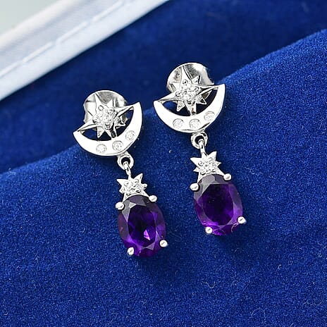 Djoy AAA African Amethyst & White Zircon Dangling Earring with Push Back in Rhodium Overlay Sterling Silver 2.48 Ct.