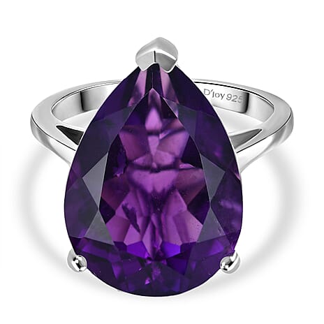 D'joy African Amethyst Solitaire Ring in Rhodium Overlay Sterling Silver 11.31 Ct.