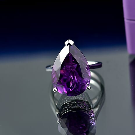 D'joy African Amethyst Solitaire Ring in Rhodium Overlay Sterling Silver 11.31 Ct.
