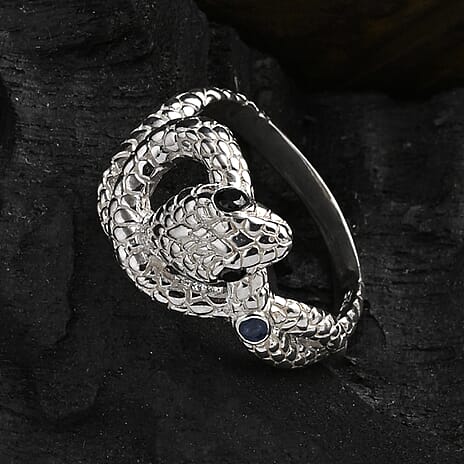 Royal Bali Collection - D'Joy Blue Sapphire & Black Spinel Serpent Ring in Sterling Silver.