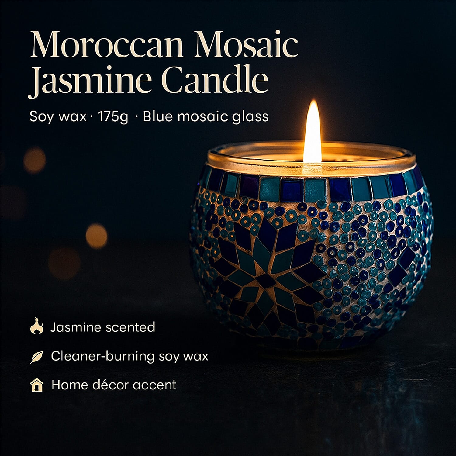 Morrocan Style - Soy Wax Mosaic Glass Jasmine Scented Candle (175g) - Blue