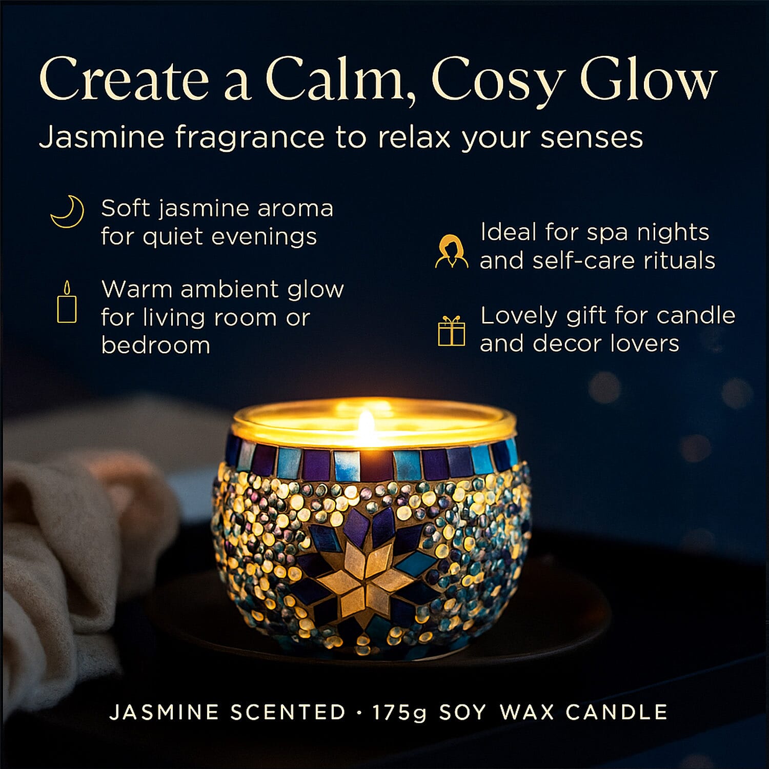 Morrocan Style - Soy Wax Mosaic Glass Jasmine Scented Candle (175g) - Blue