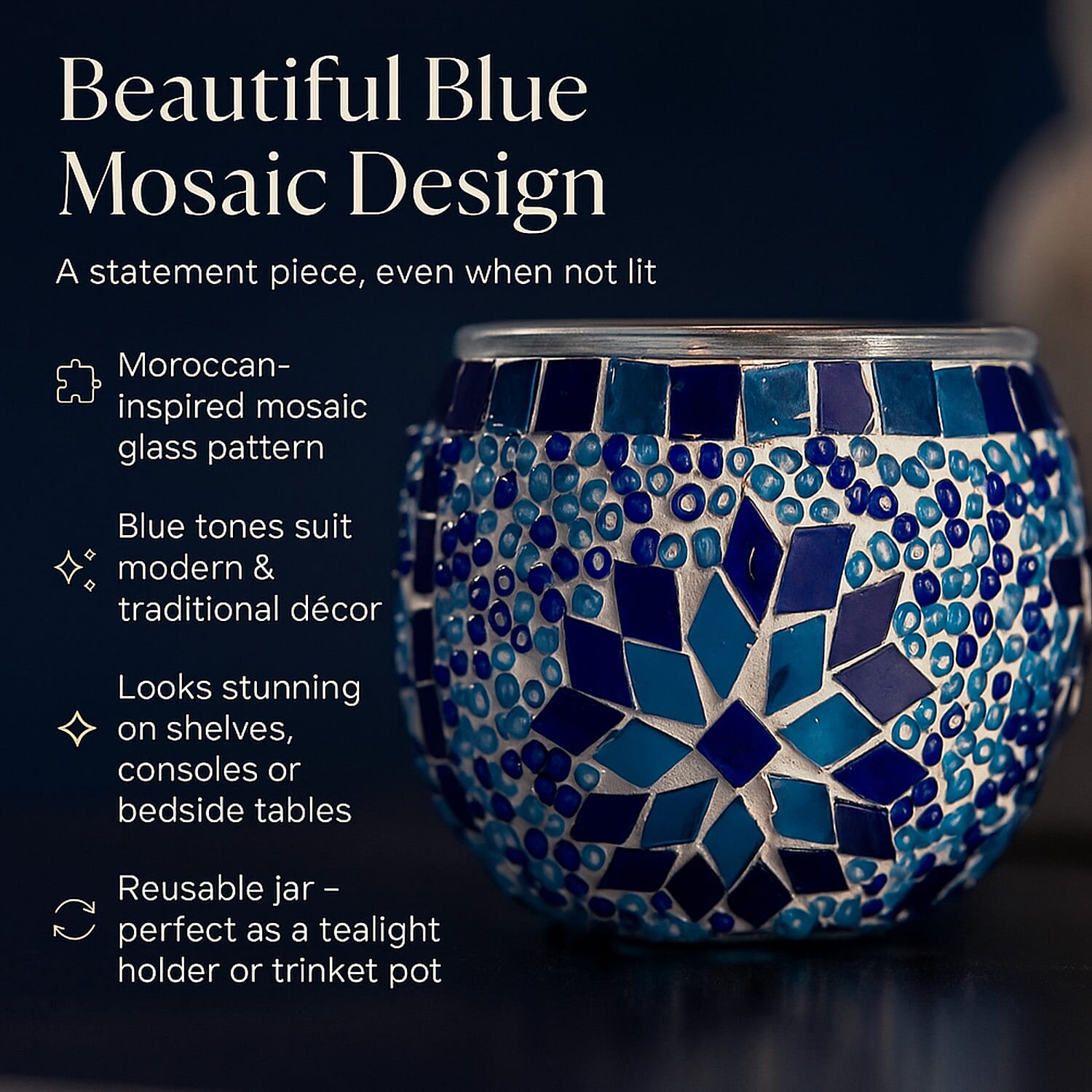 Morrocan Style - Soy Wax Mosaic Glass Jasmine Scented Candle (175g) - Blue