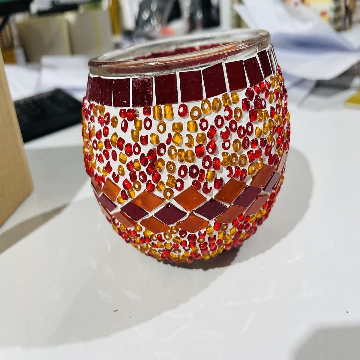 Morrocan Style - Soy Wax Mosaic Glass Berry Pomegranate Scented Candle (175g) - Red & Orange