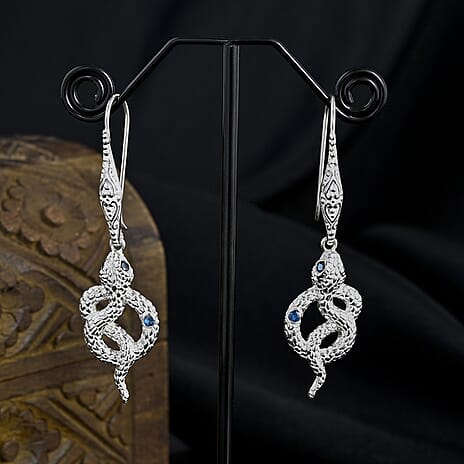 Royal Bali Collection - D'Joy Blue Sapphire & Black Spinel Sterling Silver Serpent Earring with Hook