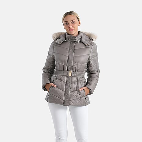 Valissiere Ladies Belted Water-Windproof Puffer Jacket with Detatchable Fur Trim Hood (Size S) - Champagne