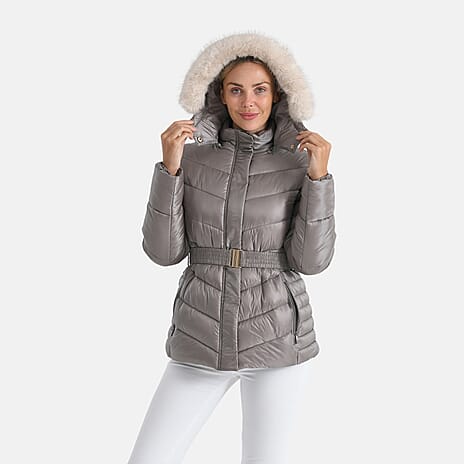 Valissiere Ladies Belted Water-Windproof Puffer Jacket with Detatchable Fur Trim Hood (Size S) - Champagne