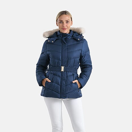Valissiere Ladies Belted Water-Windproof Puffer Jacket with Detatchable Fur Trim Hood (Size M) - Navy
